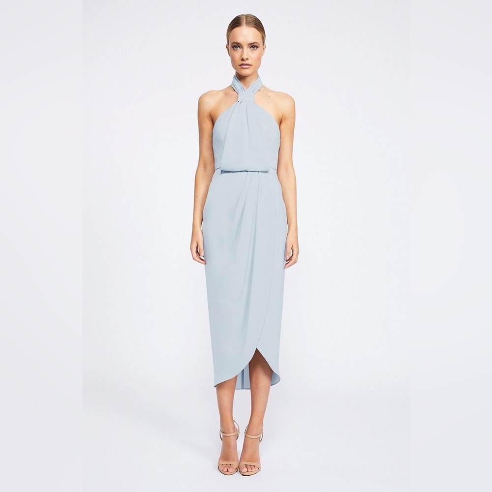 Shona Joy Powder Blue Knot Draped Halter Wrap Midi Bridesmaid Dress